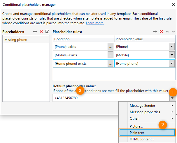 Providing the default placeholder value that will replace the placeholder if none of the conditions are met when an email is sent.