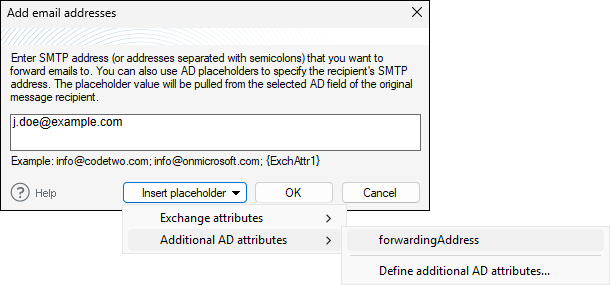 Specifying custom placeholders for an SMTP email address.