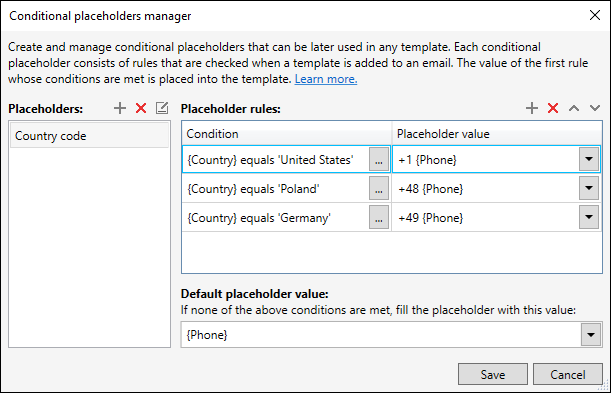 An example of using a conditional placeholder to insert an appropriate country code before sender’s phone number (depending on the Country attribute’s value).