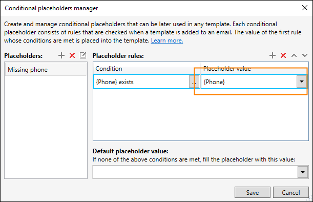 Selecting the Phone attribute as the value for the first placeholder rule.