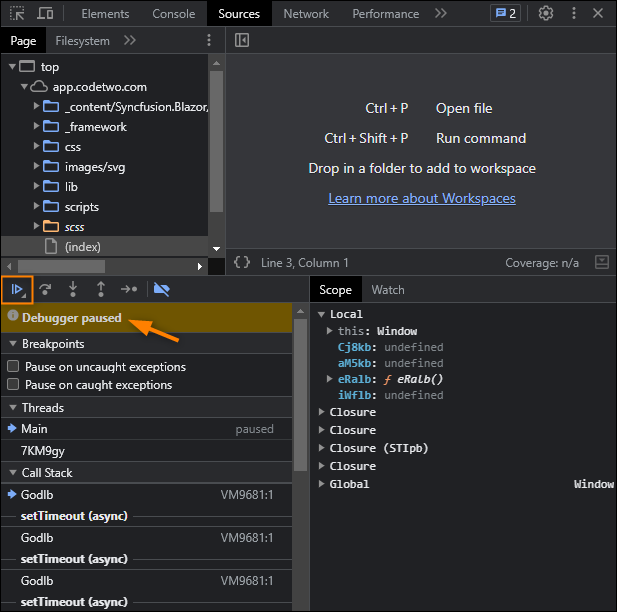 Resuming the operations of the browser's debugger.