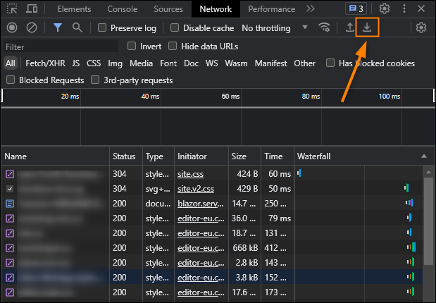 Saving the collected logs as a HAR file.