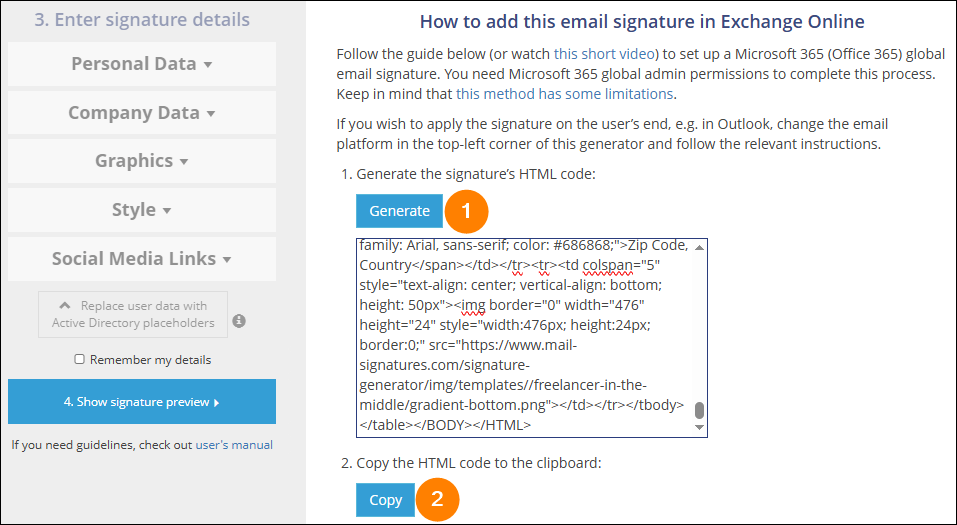 Generate and copy HTML signature code