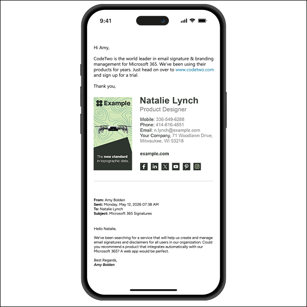 A vertical signature design selected as the preferred template by a user. 