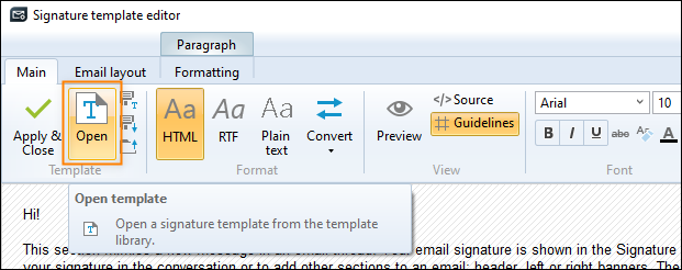Opening the signature template library.