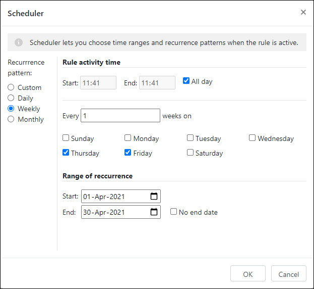 The Scheduler configured to make the selected rule active on Thursdays and Fridays throughout April.
