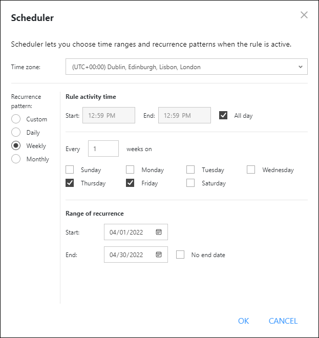 The Scheduler configured to make the selected rule active on Thursdays and Fridays throughout April.