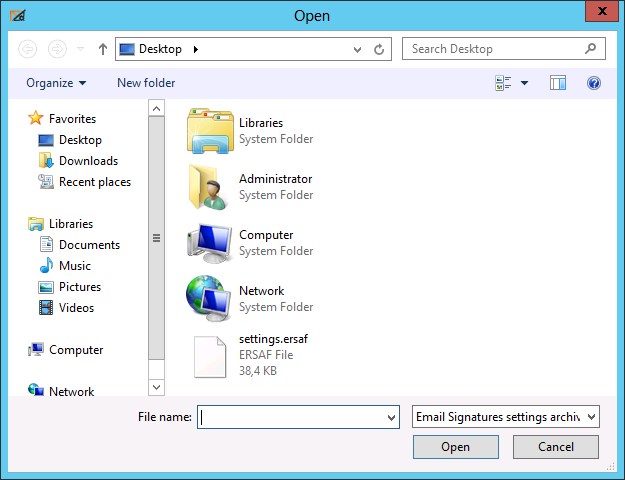 Email Signatures - import settings window.