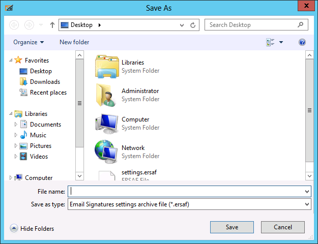 Email Signatures - export settings window.