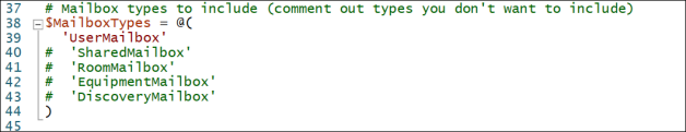 The script settings modified to migrate user mailboxes only.