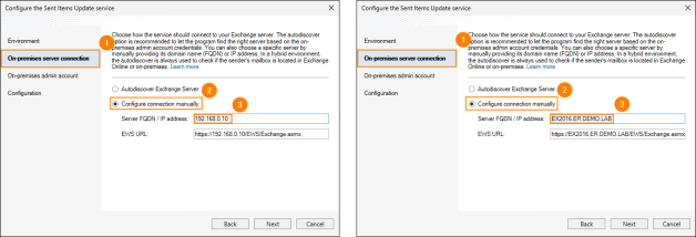 Configuring the Sent Items Update service manually by using your Mailbox server's IP address or FQDN.