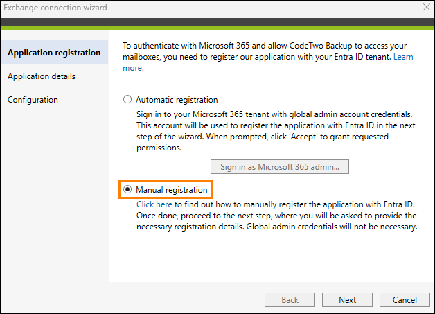 Select this option if you want to register CodeTwo Backup in your Entra ID by yourself.