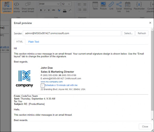 Email signature preview with a Calendly meeting link