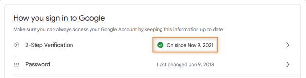 2-step verification enabled in the Google account sign-in settings.