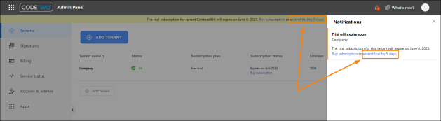 Extending the trial period of CodeTwo Email Signatures 365.