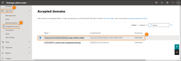 Finding the CodeTwo domain in the Exchange admin center.