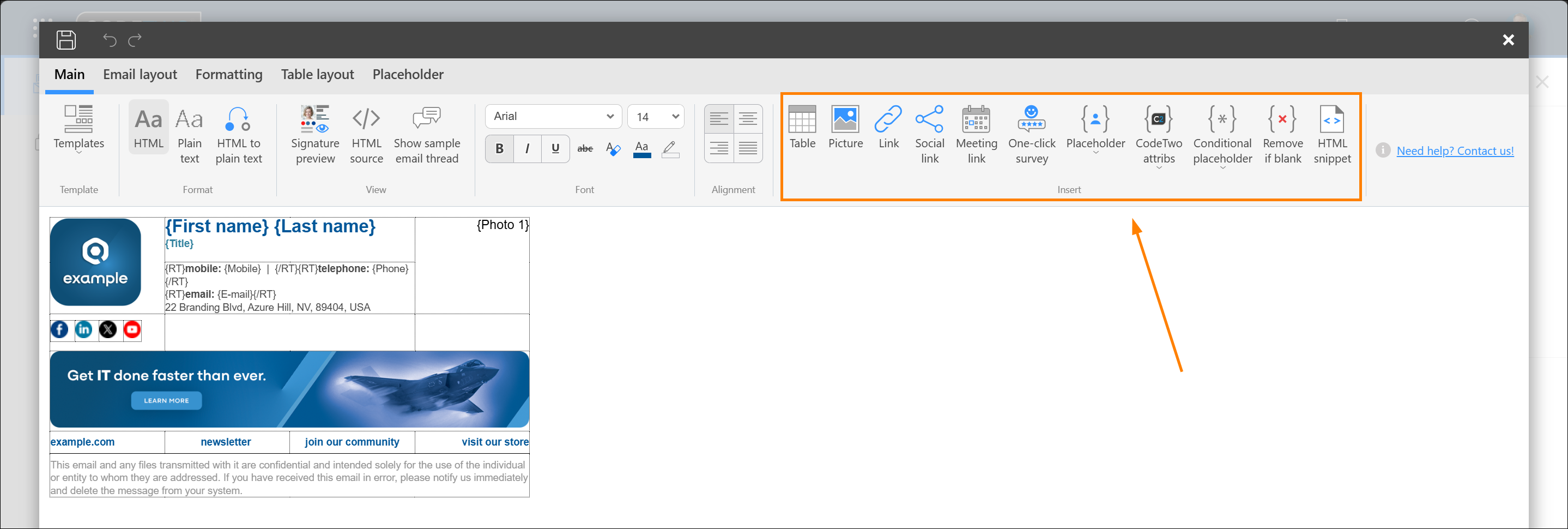 Use the options in the Insert group on the ribbon to add content to your signature template.