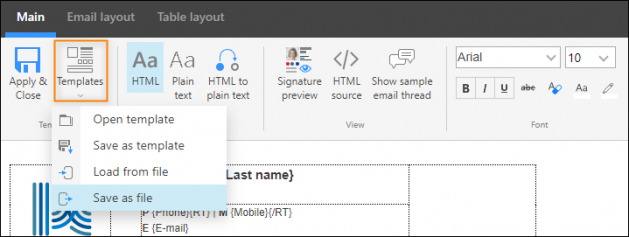 You can save and apply your signature template via the commands in the Template group.