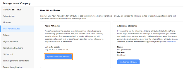 Manually updating user attributes in CodeTwo Azure AD cache.
