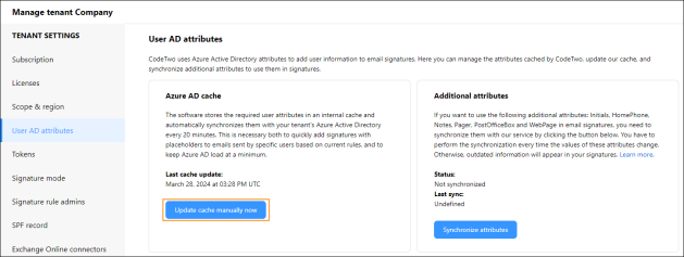 Manually updating user attributes in CodeTwo Azure AD cache.