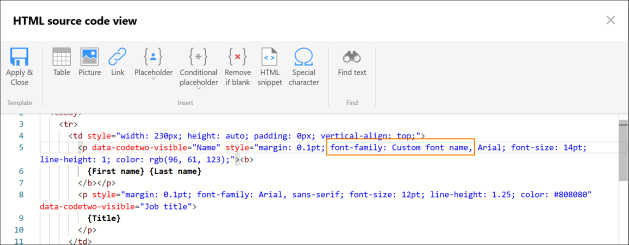 Defining a custom font and a fallback font in the signature’s source HTML code.