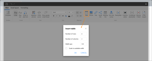 Inserting a table into the editor.