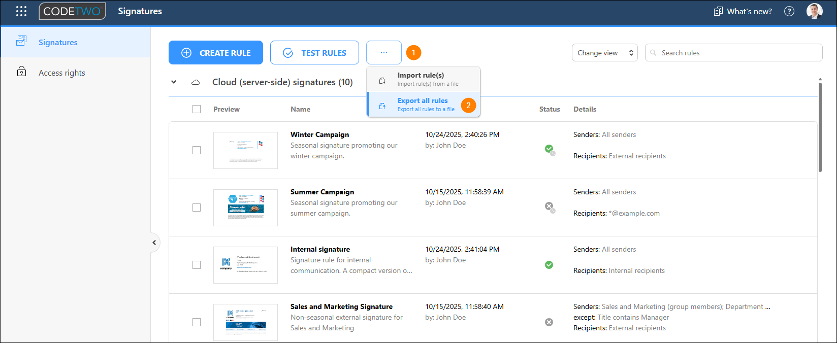 Exporting rules in CodeTwo Email Signatures 365.