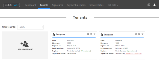 The list of Office 365 tenants registered to CodeTwo services.