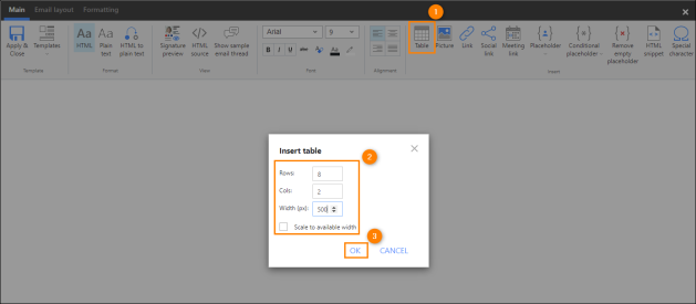 Inserting a table into the editor.