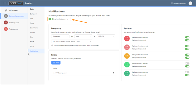 Enabling and setting up email notifications for a survey in CodeTwo Insights.