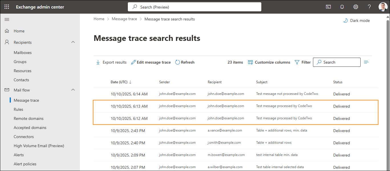 Locating your test message in the message trace report.