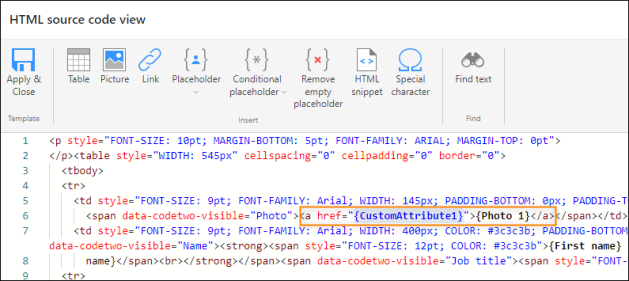 The final configuration – the {Photo} placeholder is linked to the URL stored in the {CustomAttribute1} placeholder.