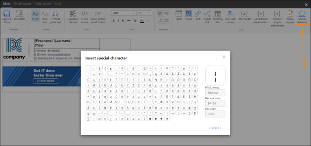 Inserting a special character into a signature template.
