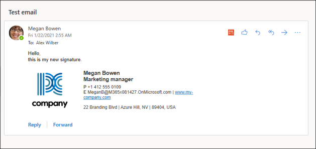 An email sent by the marketing manager with a signature added in cloud (server-side) mode.