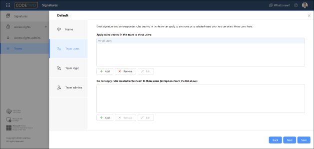 The default Team users setting for a team.