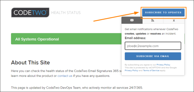 Subscribing to service health notifications on the CodeTwo status page.