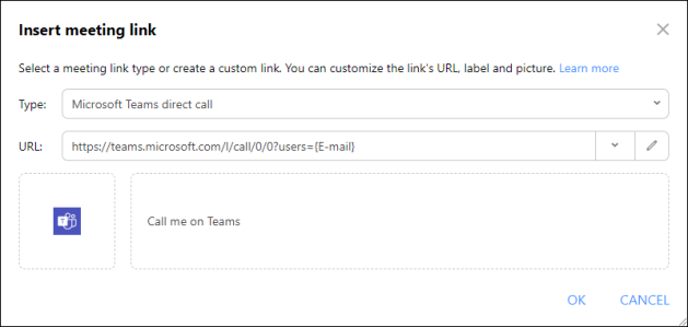Creating a direct Microsoft Teams meeting link.