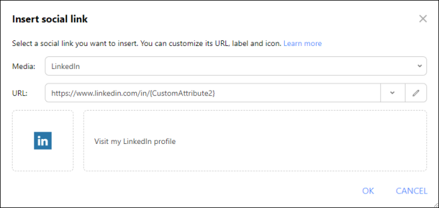 Example configuration of a LinkedIn profile link.