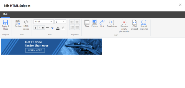 The Edit HTML Snippet window is used to edit placeholder values.