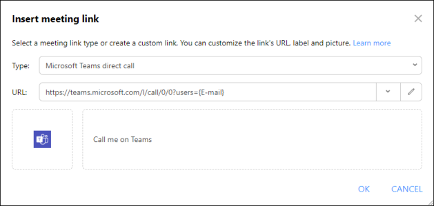 Creating a Teams link in the Insert meeting link window.