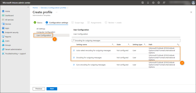 Finding the appropriate settings from the User Configuration group.