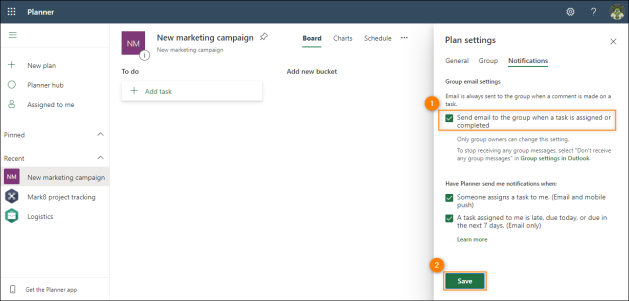 Enabling email notifications for a plan.
