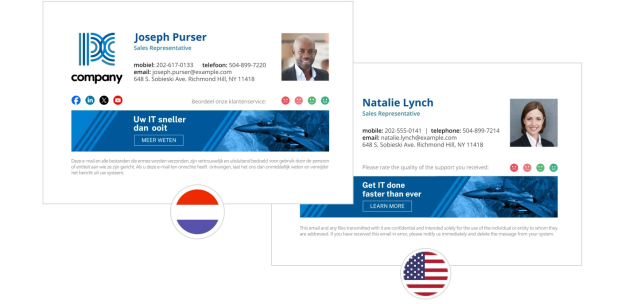 Different language versions of the same email signature template created in CodeTwo Email Signatures 365.