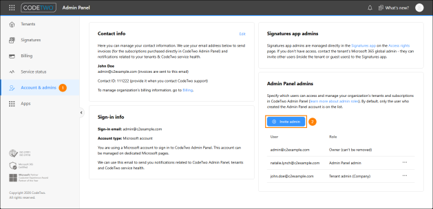 Inviting a user to become an admin in CodeTwo Admin Panel.