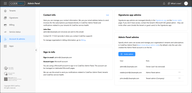 The Account & admins page in CodeTwo Admin Panel.