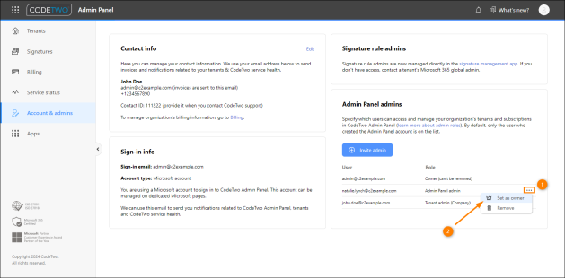 Changing the ownership of a CodeTwo Admin Panel account.