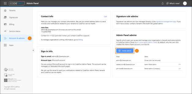 Inviting a user to become an admin in CodeTwo Admin Panel.