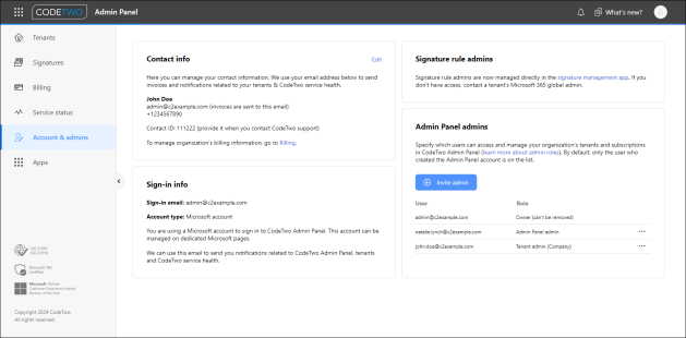The Account & admins page in CodeTwo Admin Panel.
