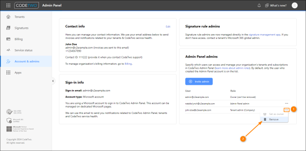 Removing a user from CodeTwo Admin Panel admins.