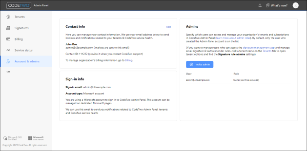 The Account & admins page in CodeTwo Admin Panel.